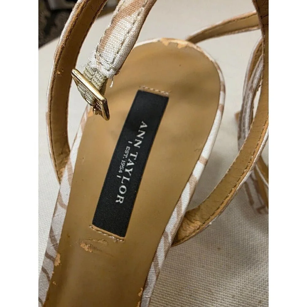 Ann Taylor Womens Open-Toe Heels With Knotted Bow Beige & White Size 8